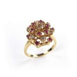 14 ct yellow gold ruby and diamond cluster ring.