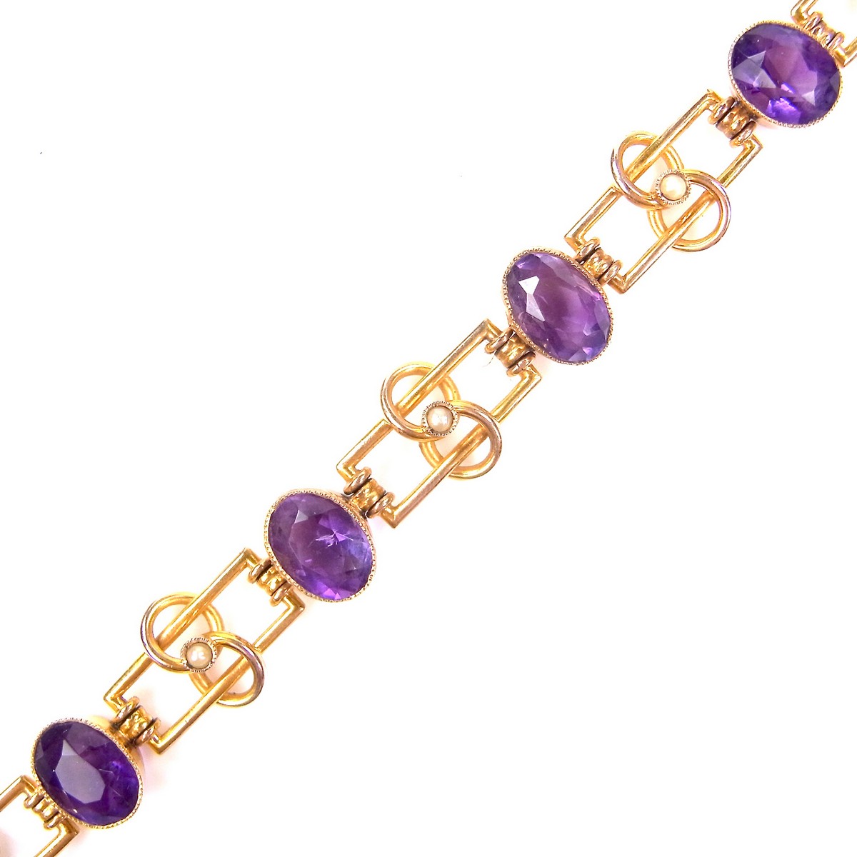 9 ct yellow gold amethyst and pearl bracelet. - Image 2 of 2