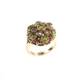 9 ct yellow gold peridot and pearl cluster ring.
