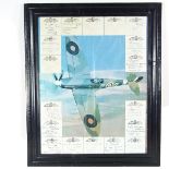 A collection of RAF WWII signed Spitfire pilot cards. Applied against a printed Spitfire poster.