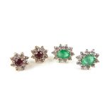 Emerald flower cluster earrings and chrysoberyl flower cluster earrings.