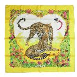 A Hermes Paris 'Jungle Love' silk square scarf. Designed by Robert Dallet for Hermes.