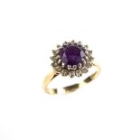 9 ct yellow gold amethyst and diamond cluster ring.
