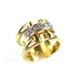 18 ct yellow gold diamond openwork ring. Set with seven single cut diamonds. Ring size J. Weight 11.