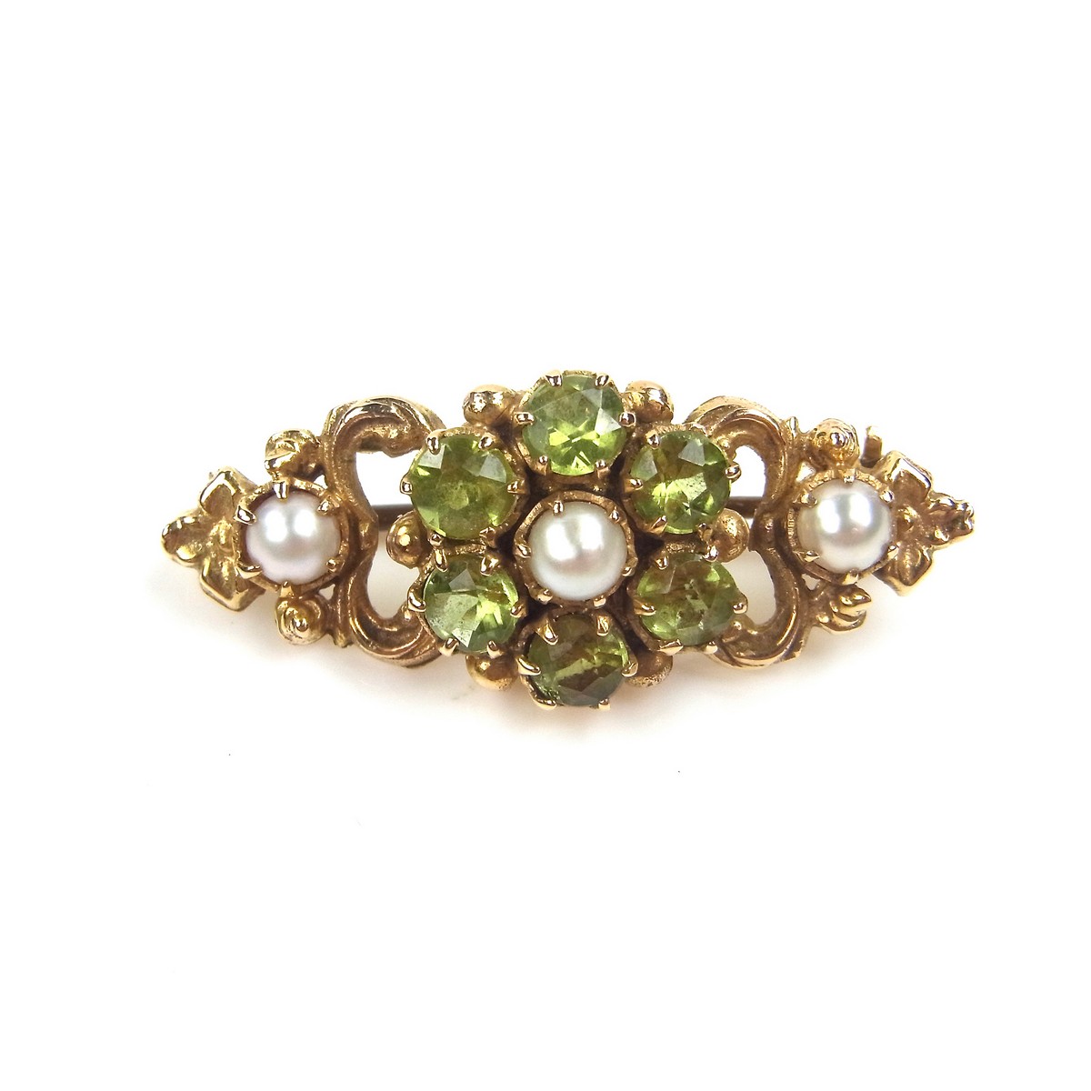 9 ct yellow gold peridot and pearl brooch.