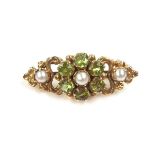 9 ct yellow gold peridot and pearl brooch.