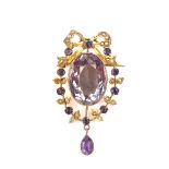 9 ct yellow gold amethyst and seed pearl brooch. The central amethyst measuring approx. 17.7 x 12.