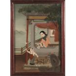 Dipinto olio su vetro, “Figure sul fiume”, Cina, Repubblica, XX sec.