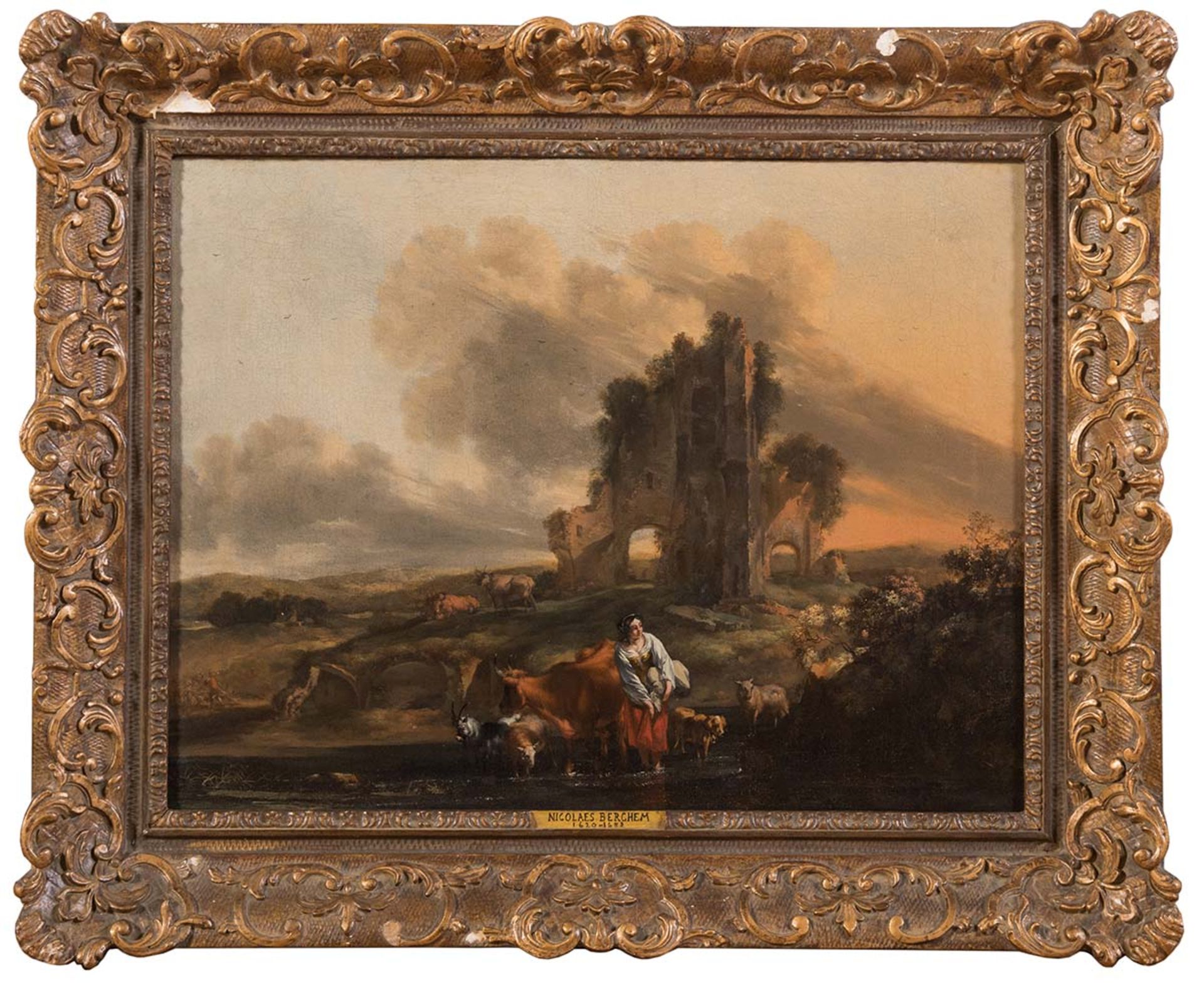 Nicolaes Berchem (Haarlem 1620 – Amsterdam 1683), attribuito a, “Paesaggio con armenti e figure”.