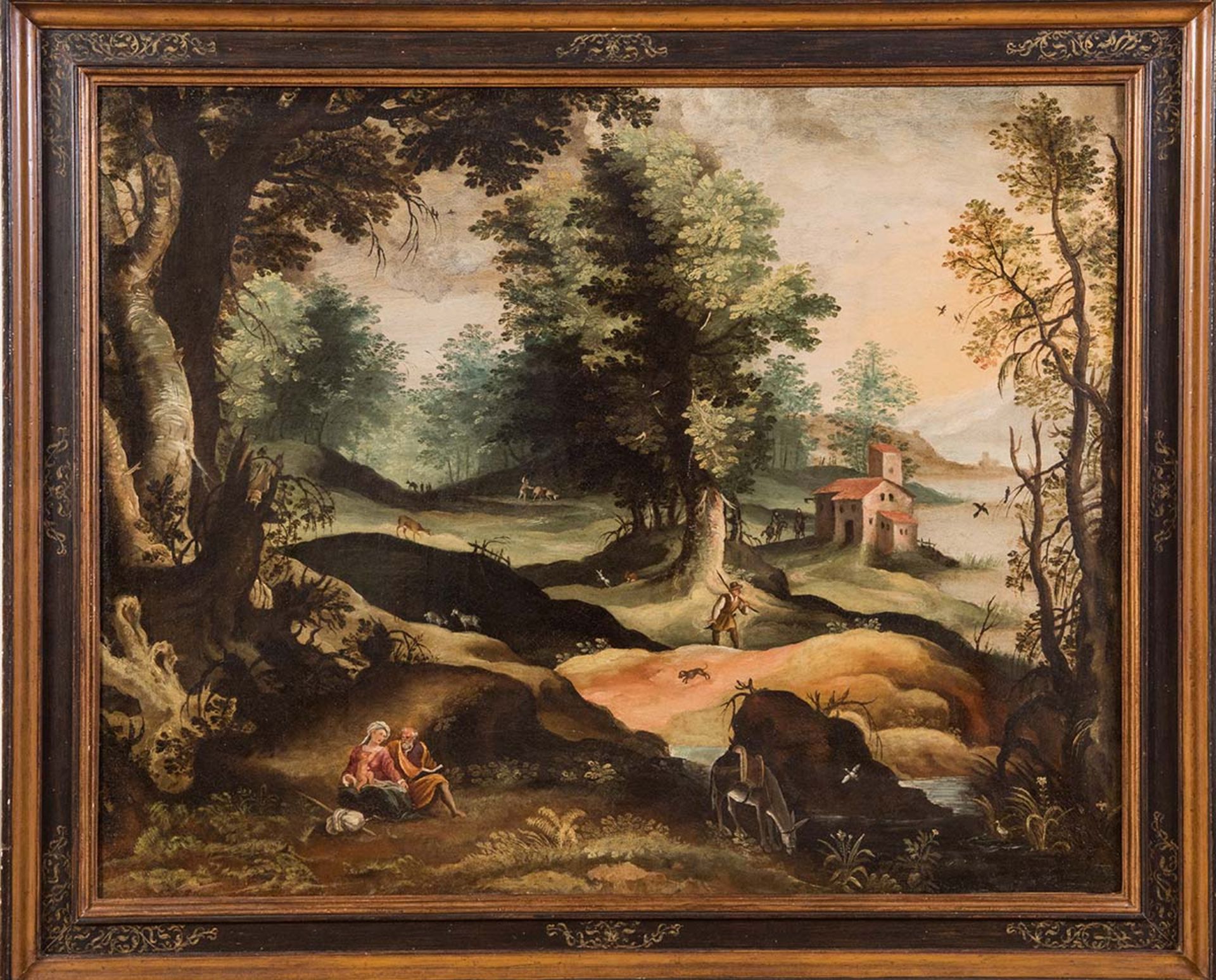 Paul Brill (Anversa 1554 – Roma 1626), ambito di, “Paesaggio con fuga in Egitto”.