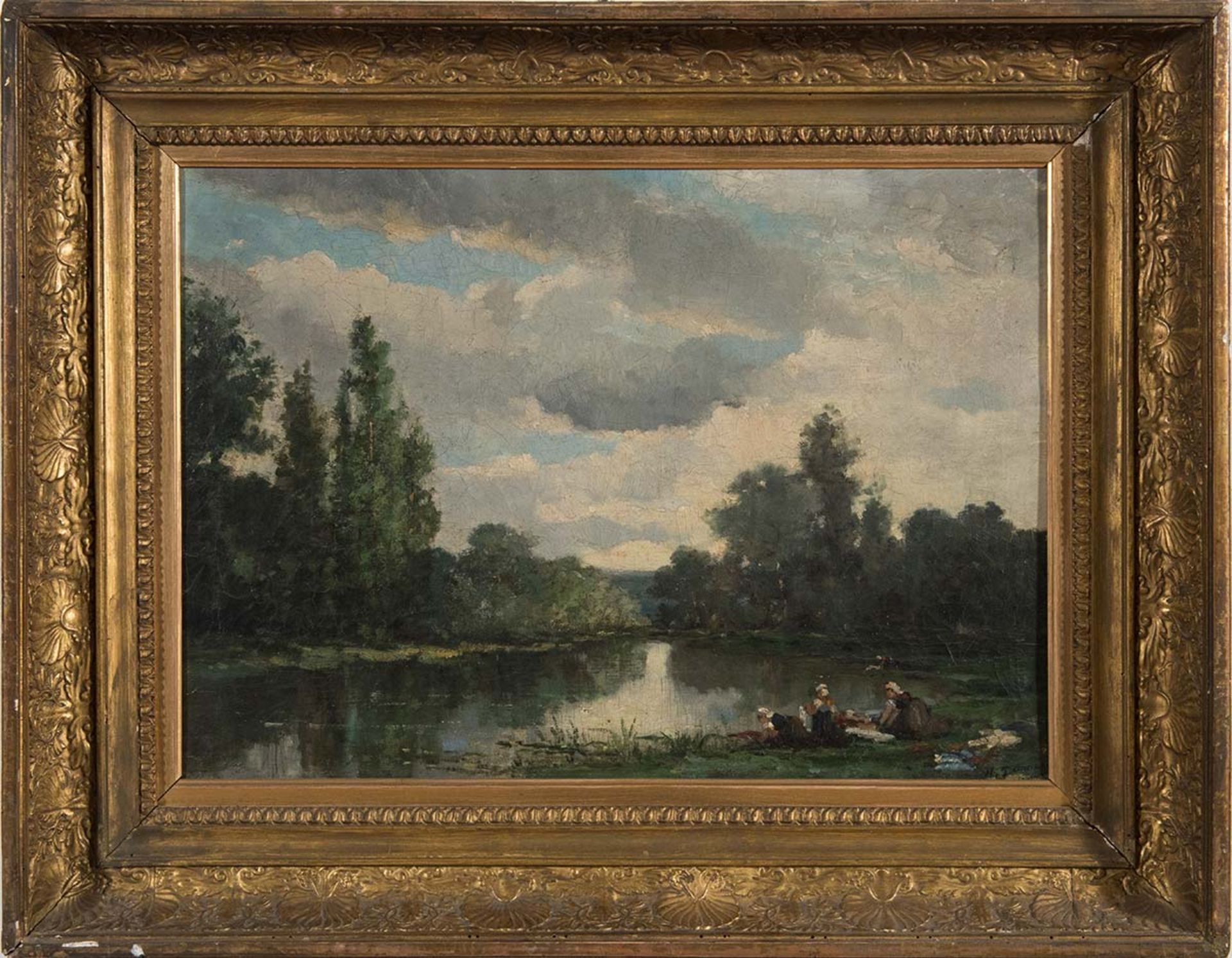 Pittore inglese del XX sec., “Paesaggio con fiume”.