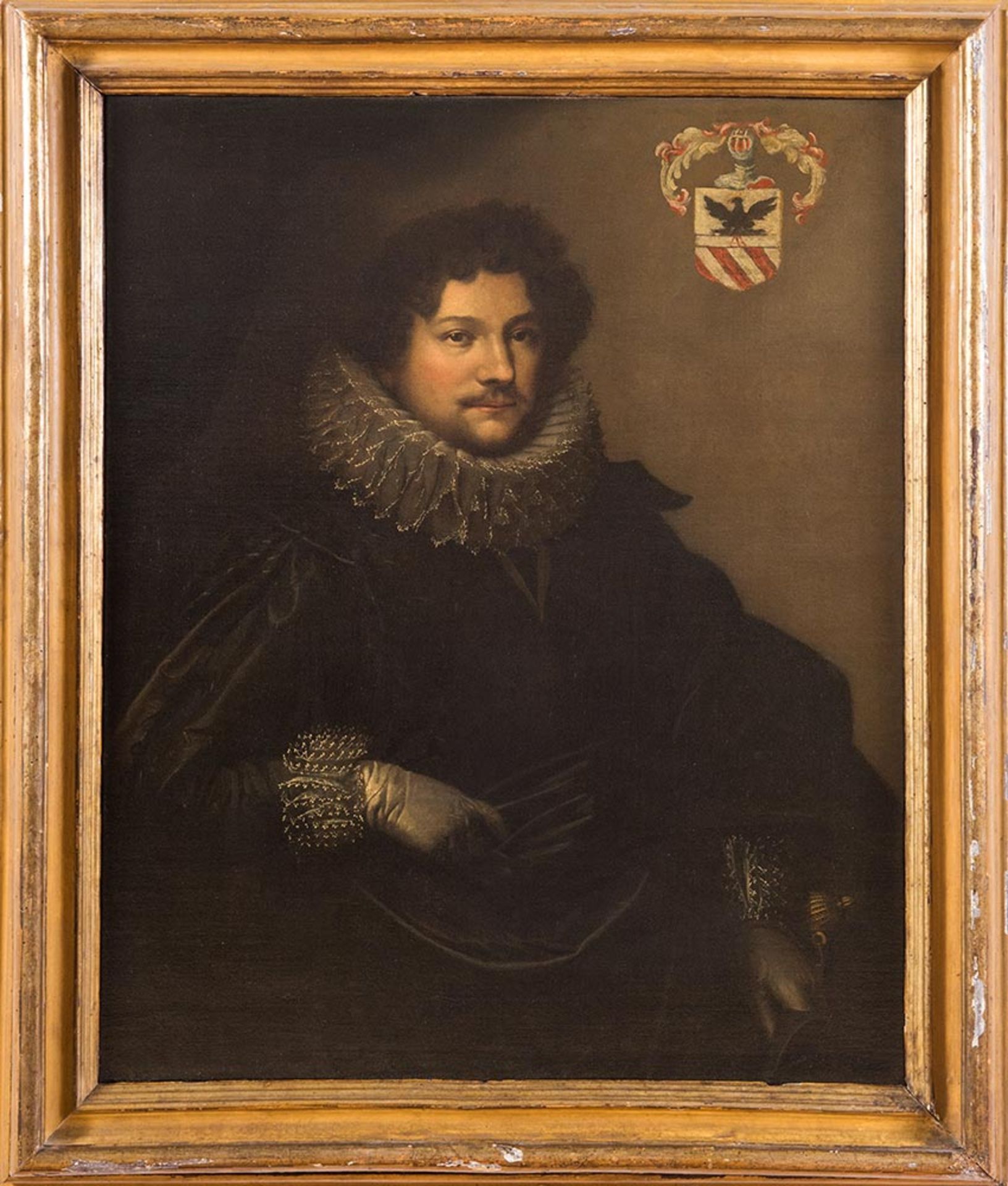 Hans von Aachen (Colonia 1552– Praga 1615), ambito di, “Ritratto di Nobiluomo con gorgiera”.
