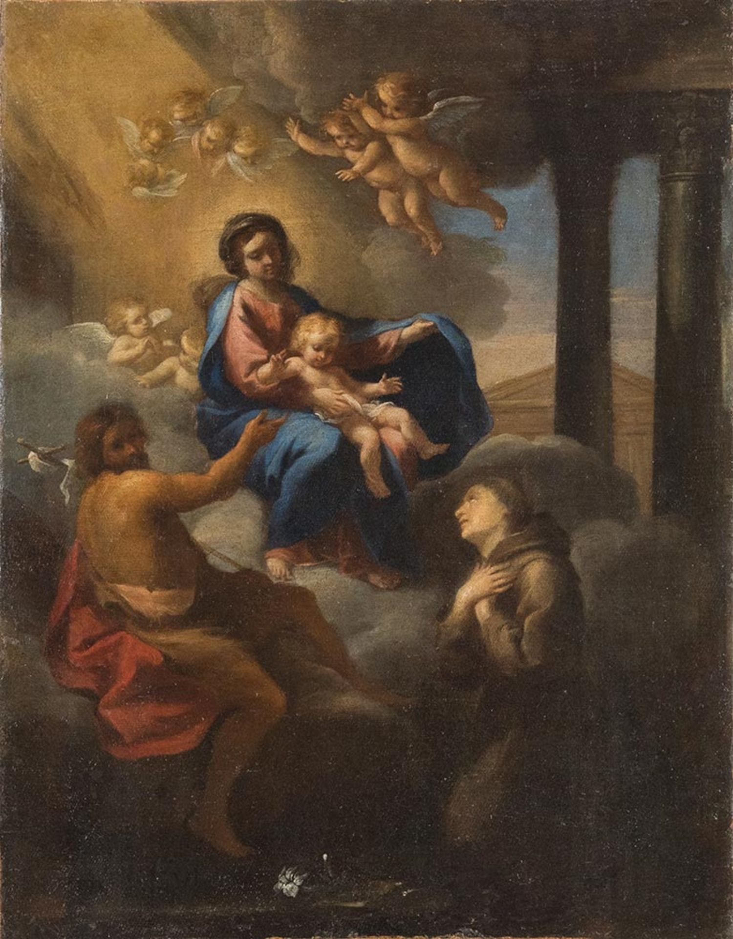 Maestro Romano del XVII sec., “Madonna con Bambino, San Giovanni Battista e Sant’Antonio da Padova”.