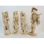 A Japanese sectional ivory okimono with a man standing with a musical instrument, (damages),