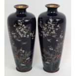 A pair of cloisonne vases decorated with birds amongst blossoming branches, bamboo, iris and