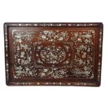 A Chinese hardwood and abalone shell rectangular panel inlaid with precious objects, birds and