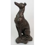 A 20TH CENTURY CAST-IRON MODEL OF A SEATED WHIPPET with registration lozenge, on shaped base, 48cm