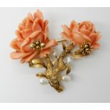 A LARGE CARVED CORAL ROSE BROOCH WITH GOLD BUGS AND PEARLS stamped 14k to the reverse the coral