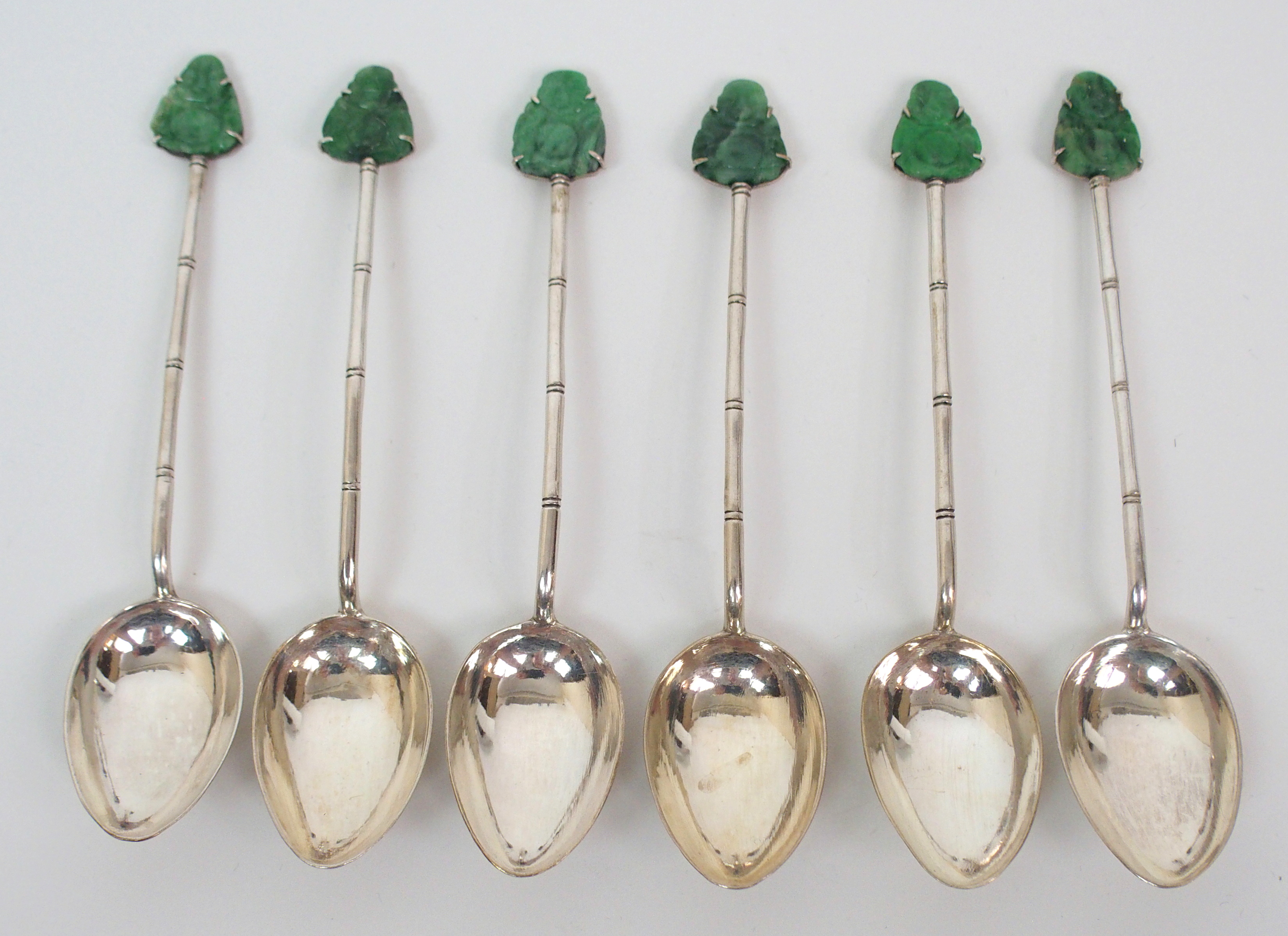 A SET OF SIX CHINESE SILVER TEASPOONS each set with a hardstone carving of Buddha, stamped Tack - Image 3 of 7