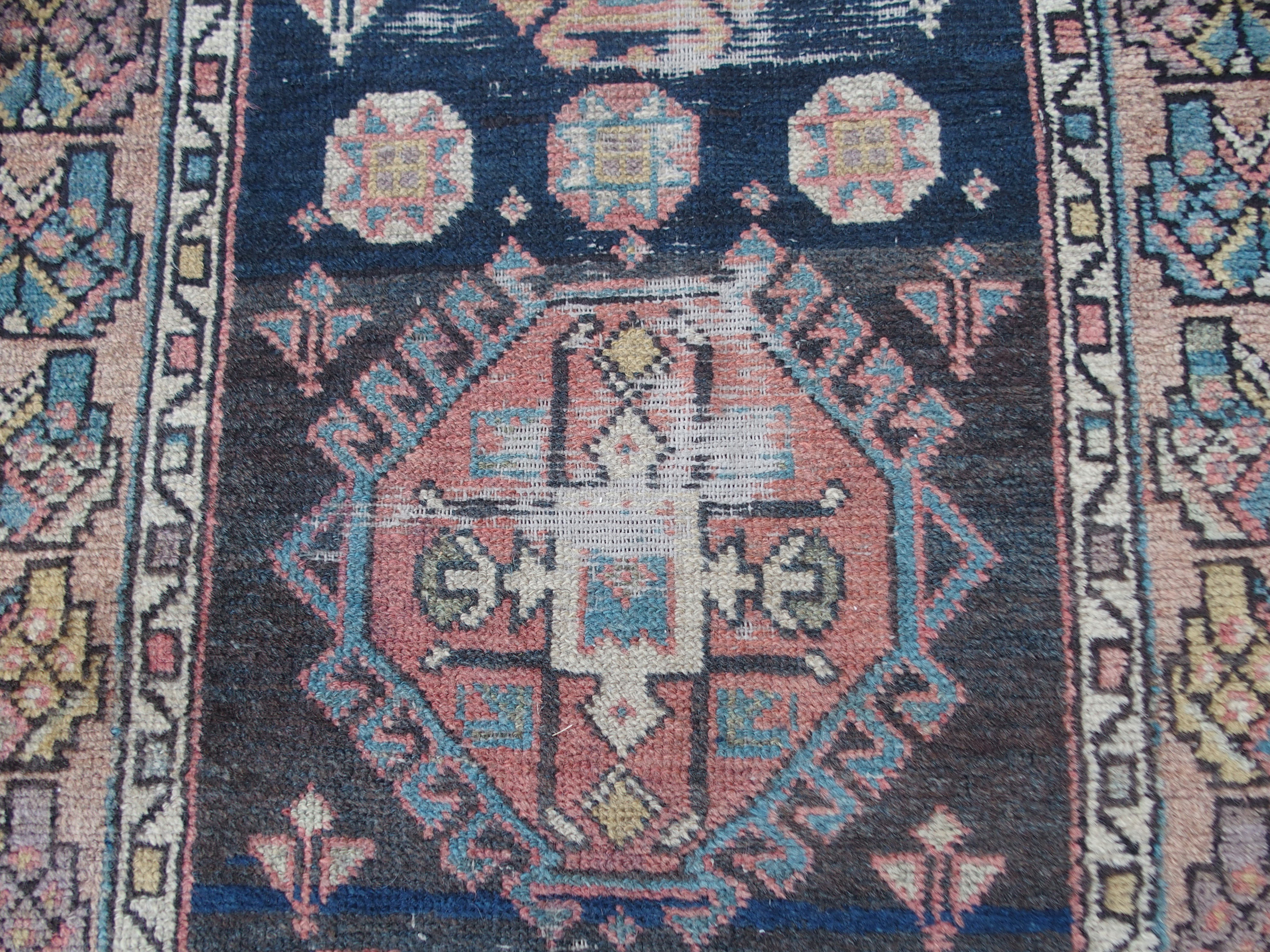 A CAUCASIAN BLUE GROUND RUNNER with nine central medallions and geometric border, 474cm x 96cm and - Image 4 of 10