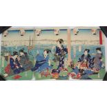 JAPANESE SCHOOL three triptych of beauties, 36cm x 72cm, 37cm x 74cm and 37.5cm x 76cm together with