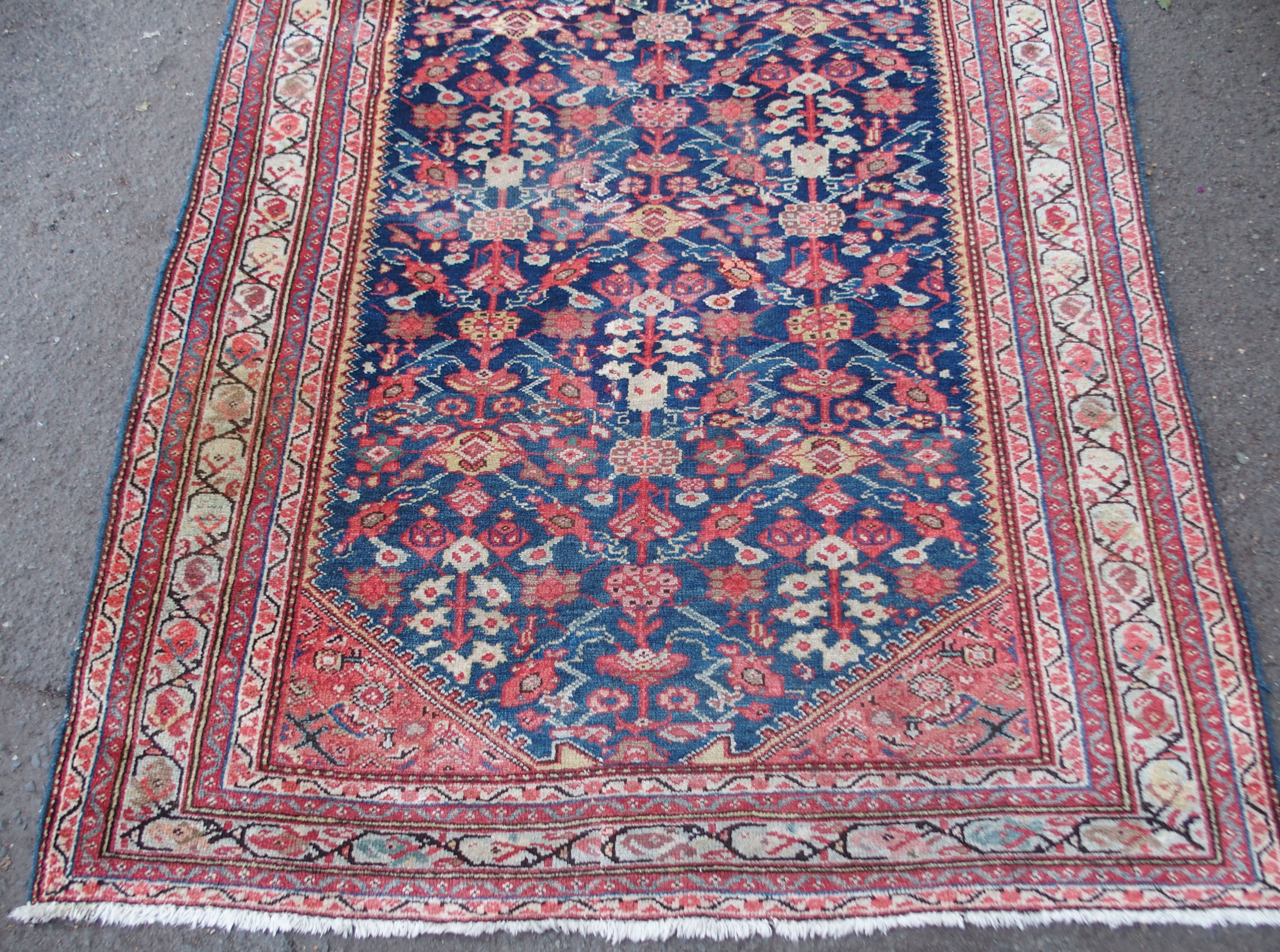 A HAMADAN BLUE GROUND RUNNER with allover design and multiple borders, 393cm x 134cm Condition - Image 2 of 5