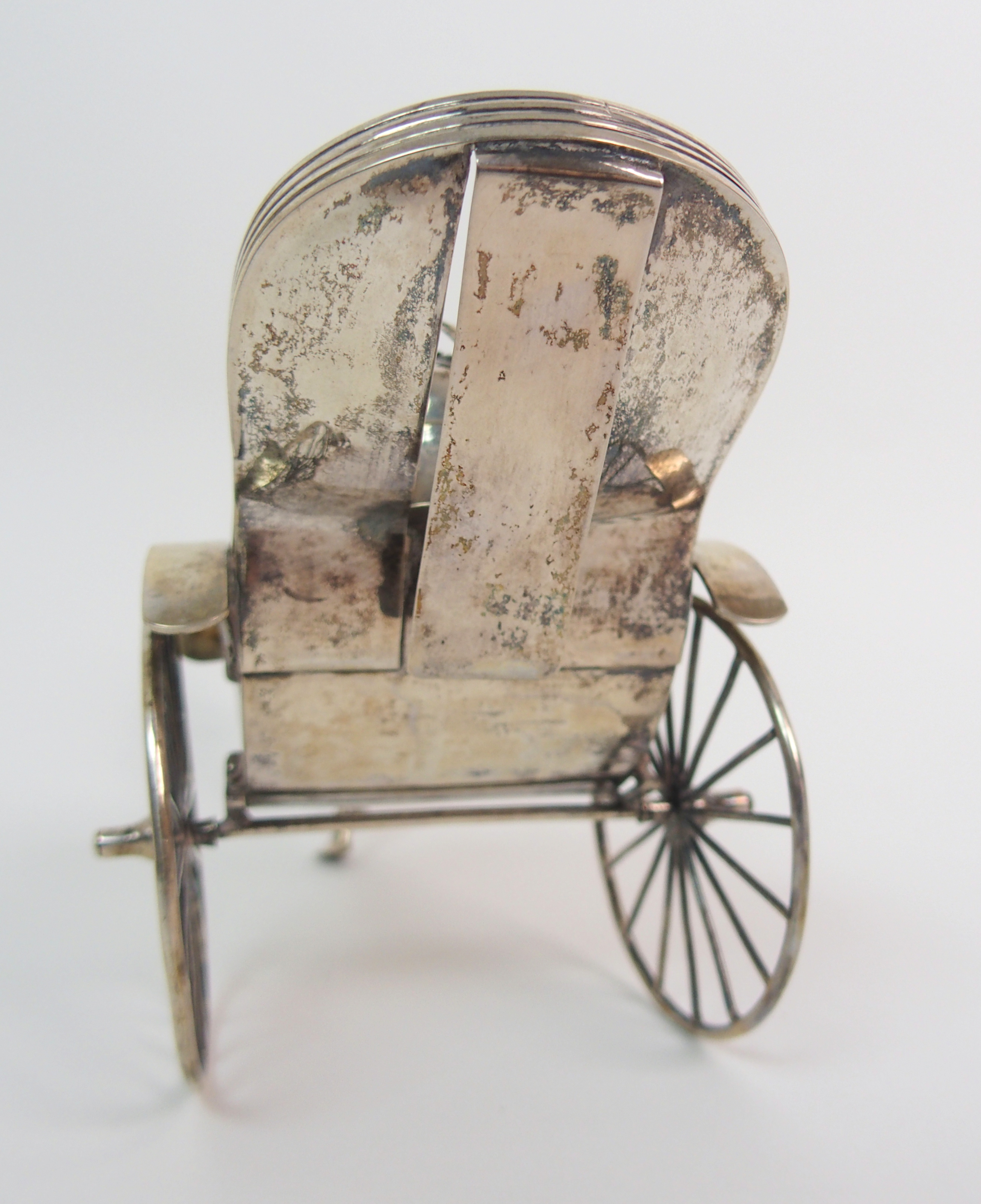 A CHINESE SILVER RICKSHAW CRUET of traditional type with salt, pepper and mustard pot, the carriage, - Image 5 of 10