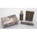 A CHINESE SILVER PEPPER CASTOR decorated with bamboo, stamped WH 90, 5.5cm high, white metal