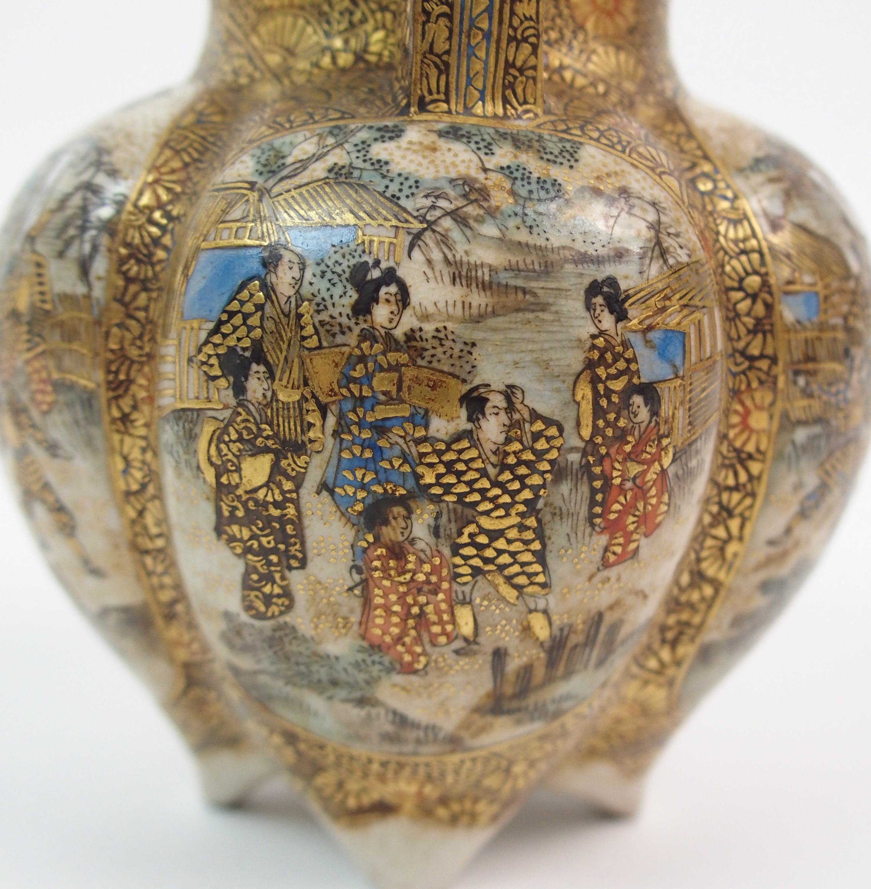 A SATSUMA KORO the cover with shishi finial above a quatrefoil lobed body painted with numerous - Image 5 of 10