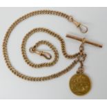 A 9CT GOLD FOB CHAIN WITH ATTACHED FULL SOVEREIGN the sovereign with soldered on loop, dated 1887,