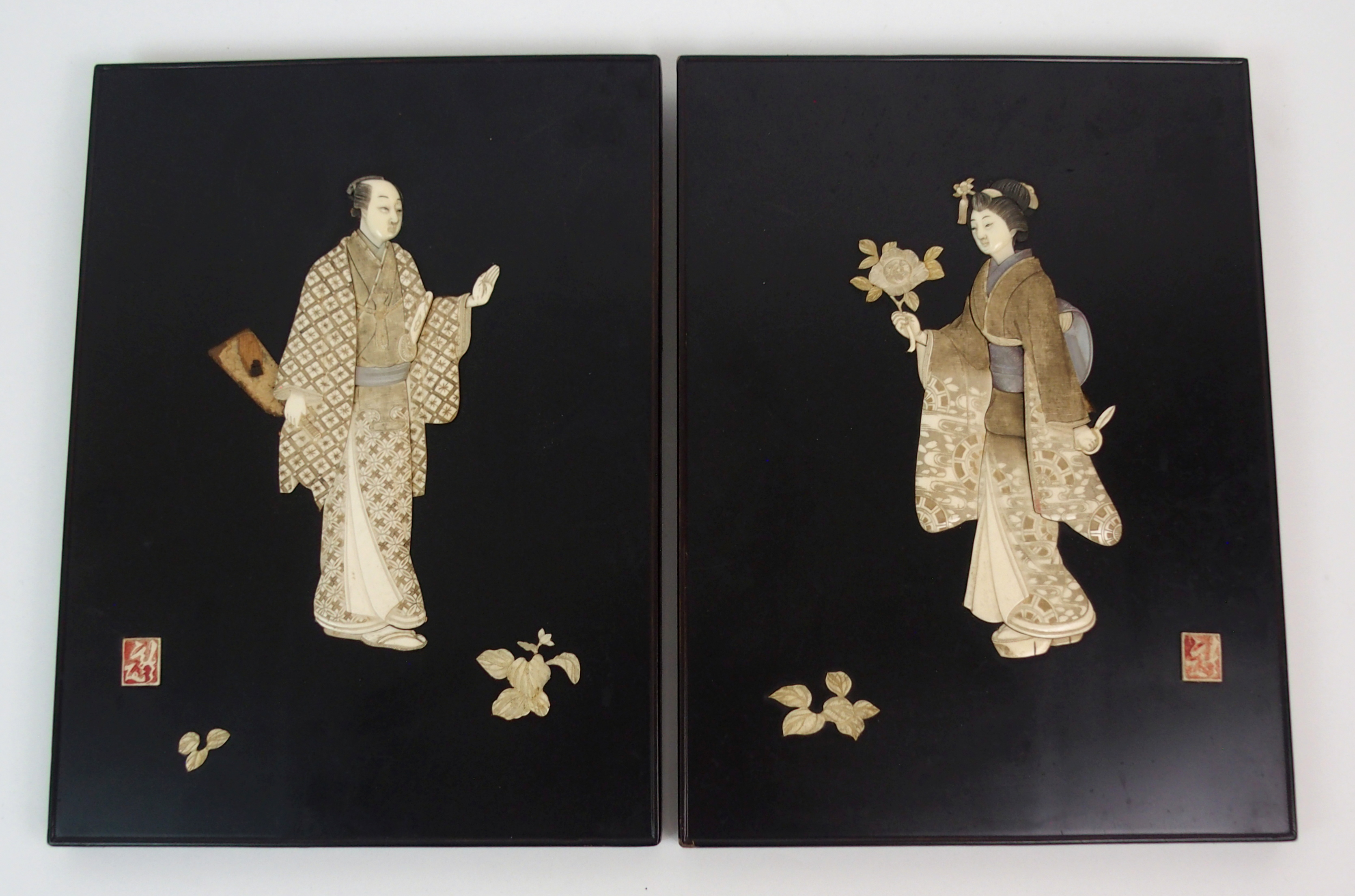 A PAIR OF LACQUERED AND ONLAID PANELS decorated in ivory and abalone shell with male and female - Image 2 of 10