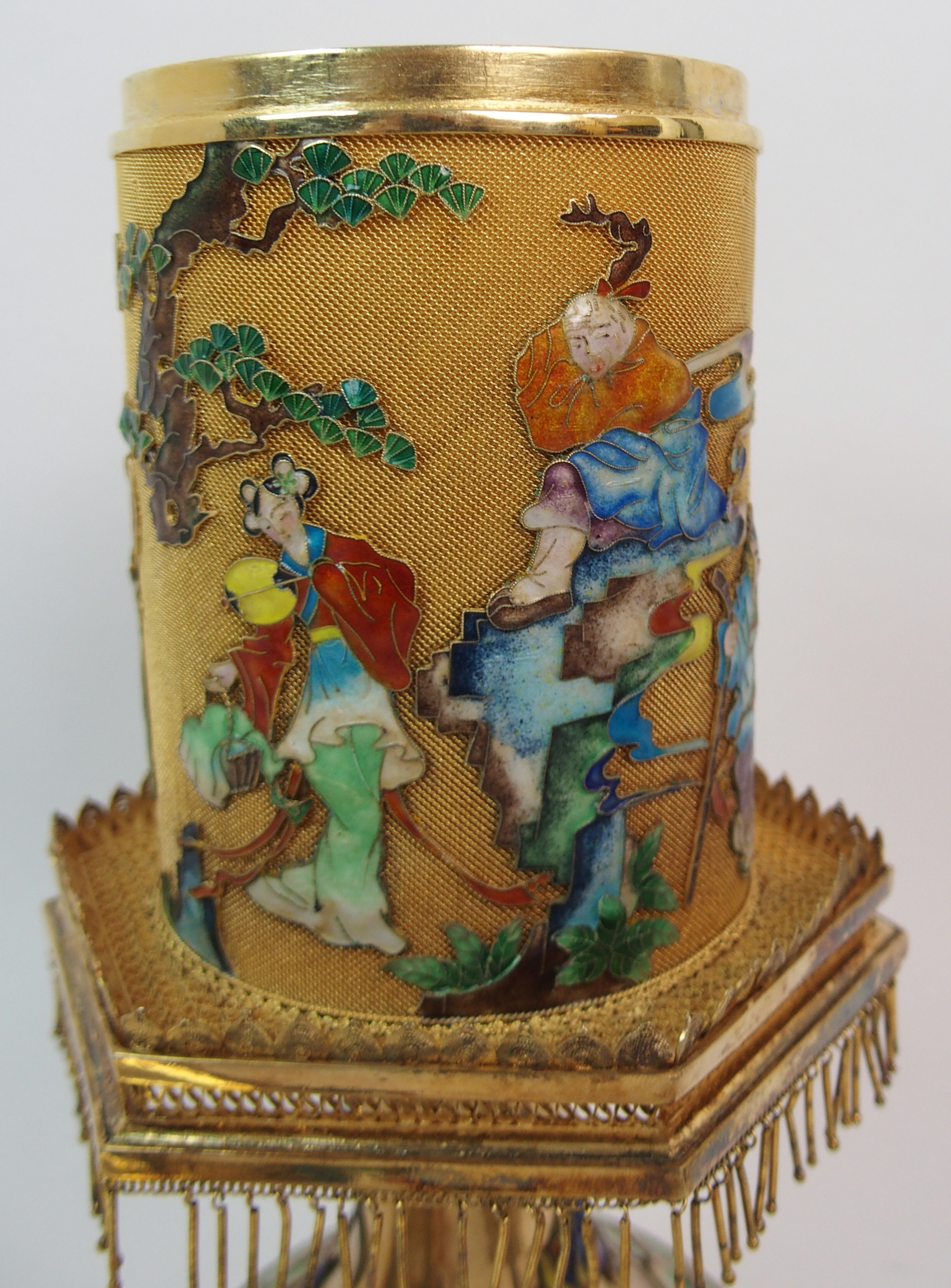 A CHINESE GILT METAL, ENAMEL AND HARDSTONE HEXAGONAL PAGODA CENSER decorated with a peacock finial - Image 10 of 10