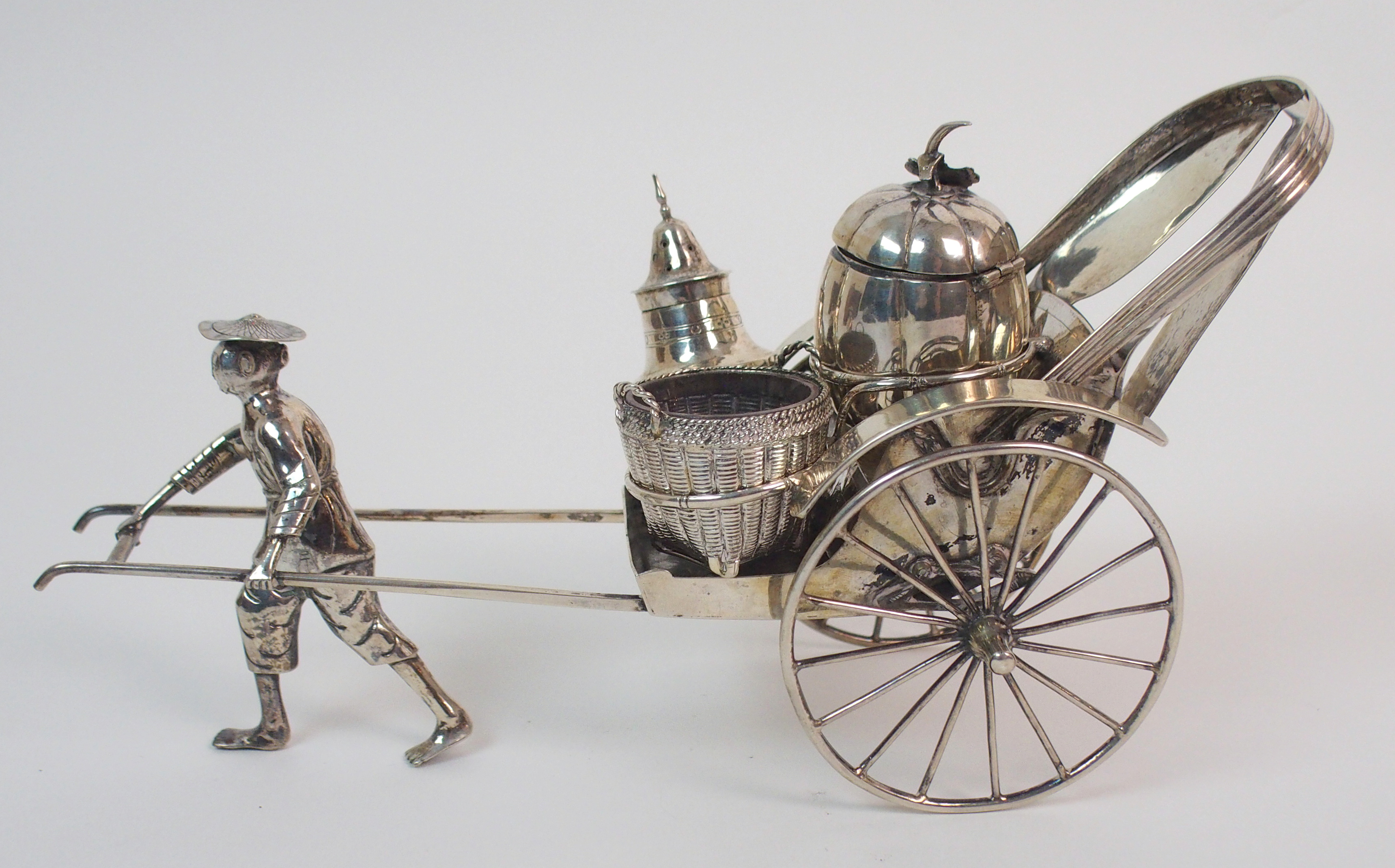 A CHINESE SILVER RICKSHAW CRUET of traditional type with salt, pepper and mustard pot, the carriage, - Image 2 of 10