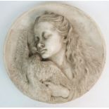 A 20TH CENTURY RECONSTITUTED STONE PLAQUE decorated with the profile of a girl with a dove, 44cm