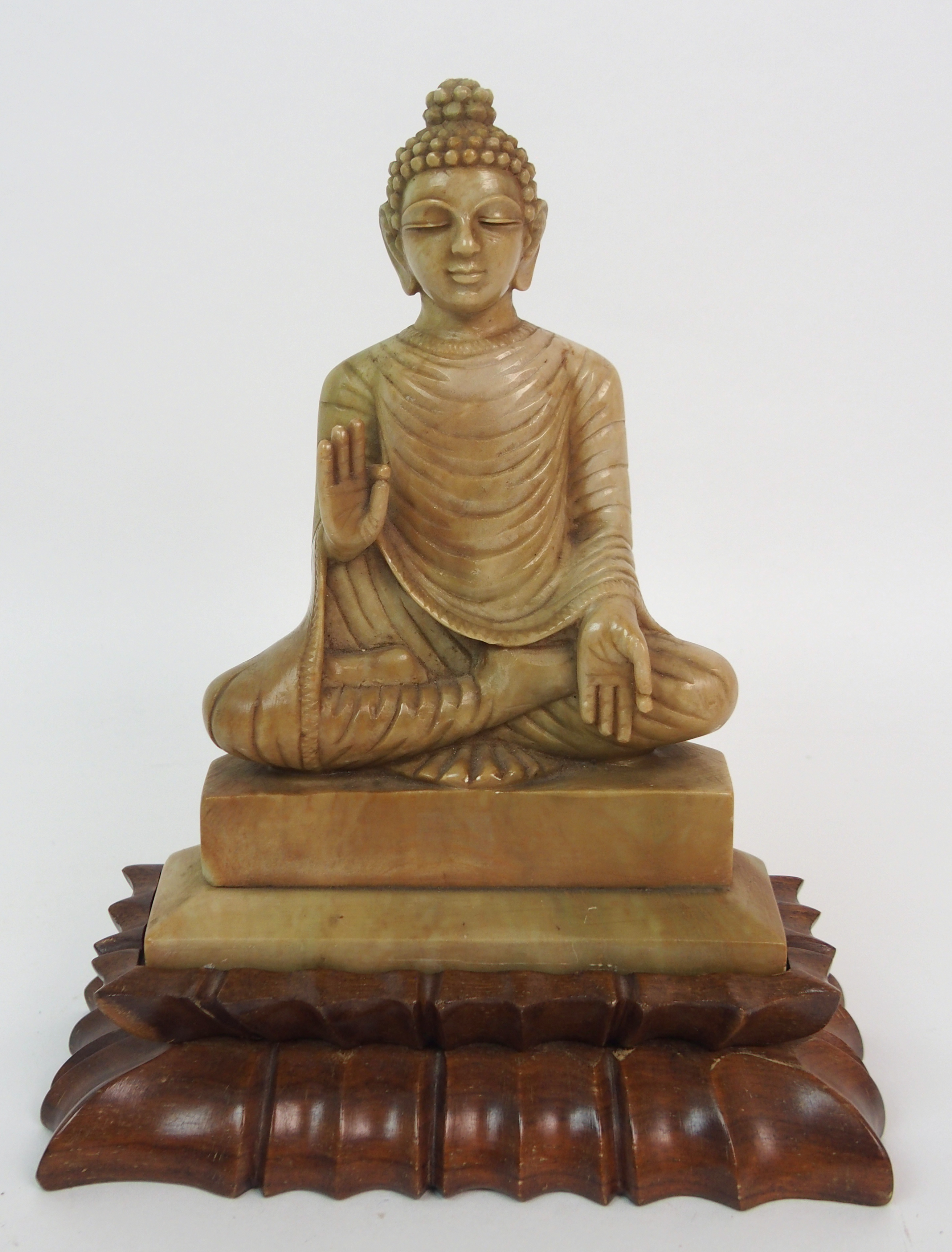 A CHINESE SOAPSTONE CARVING OF BUDDHA 17.5cm high, wood stand, peacock and hen on rockwork, 17cm - Image 5 of 10
