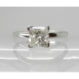 A 14CT GOLD PRINCESS CUT DIAMOND RING of estimated approx 0.97cts, finger size M, weight 1.9gms