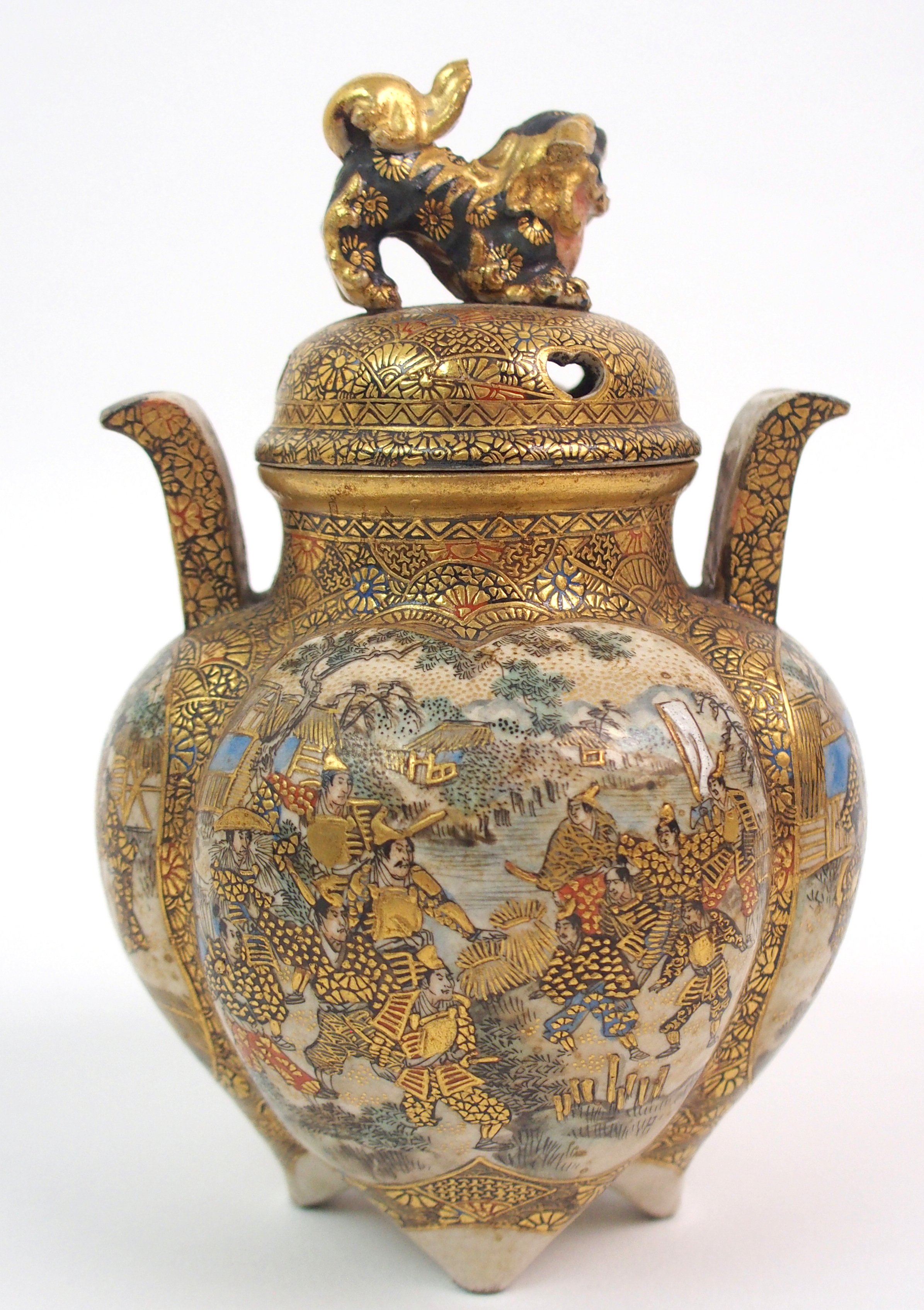 A SATSUMA KORO the cover with shishi finial above a quatrefoil lobed body painted with numerous - Image 6 of 10