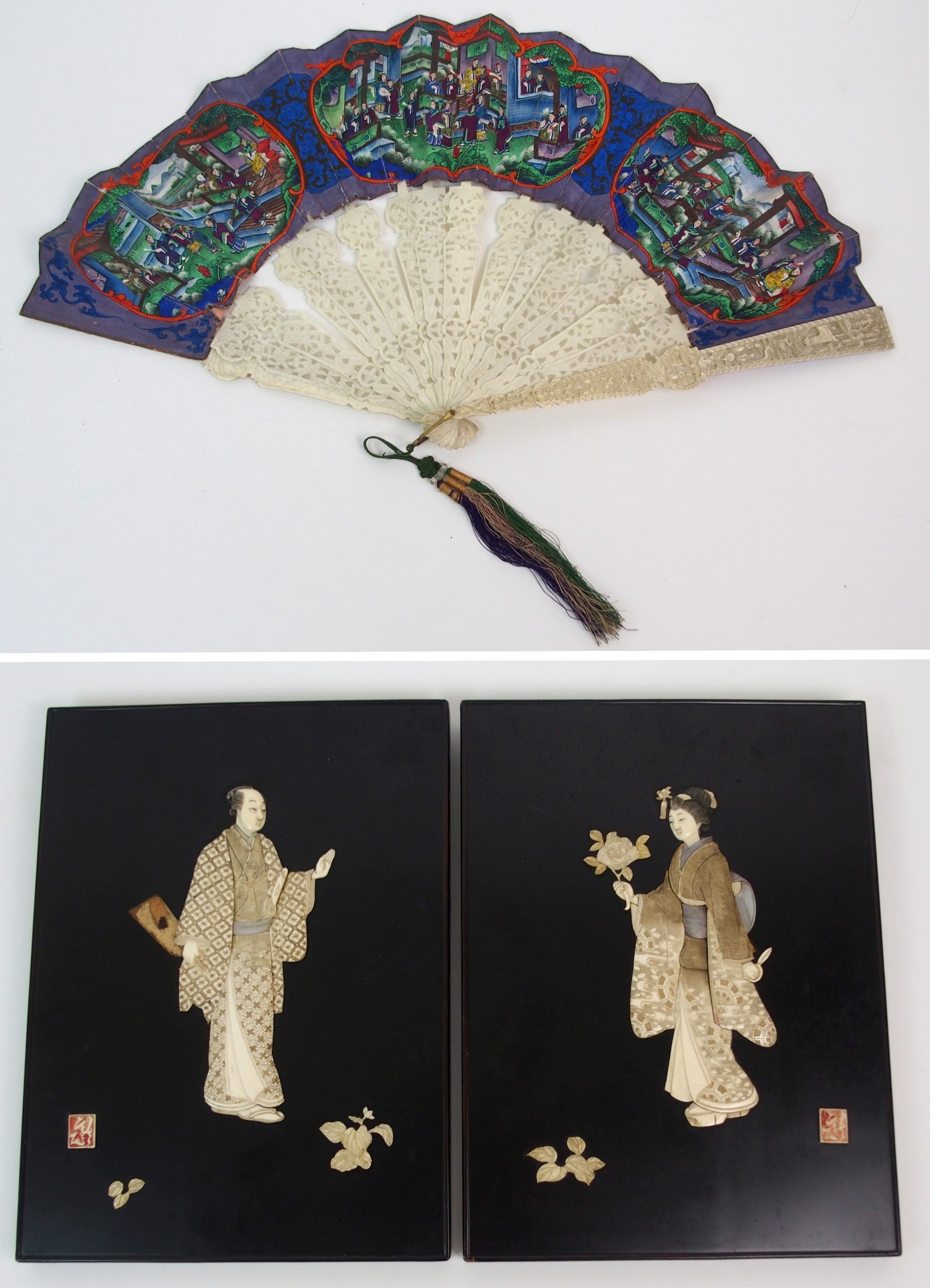 A PAIR OF LACQUERED AND ONLAID PANELS decorated in ivory and abalone shell with male and female