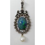 A BLACK OPAL ROSE CUT DIAMOND AND PEARL BELLE EPOQUE STYLE PENDANT mounted in yellow and white