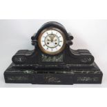 A LARGE VICTORIAN SLATE AND GREEN MARBLE MANTLE CLOCK the white enamel dial with Roman numerals, the