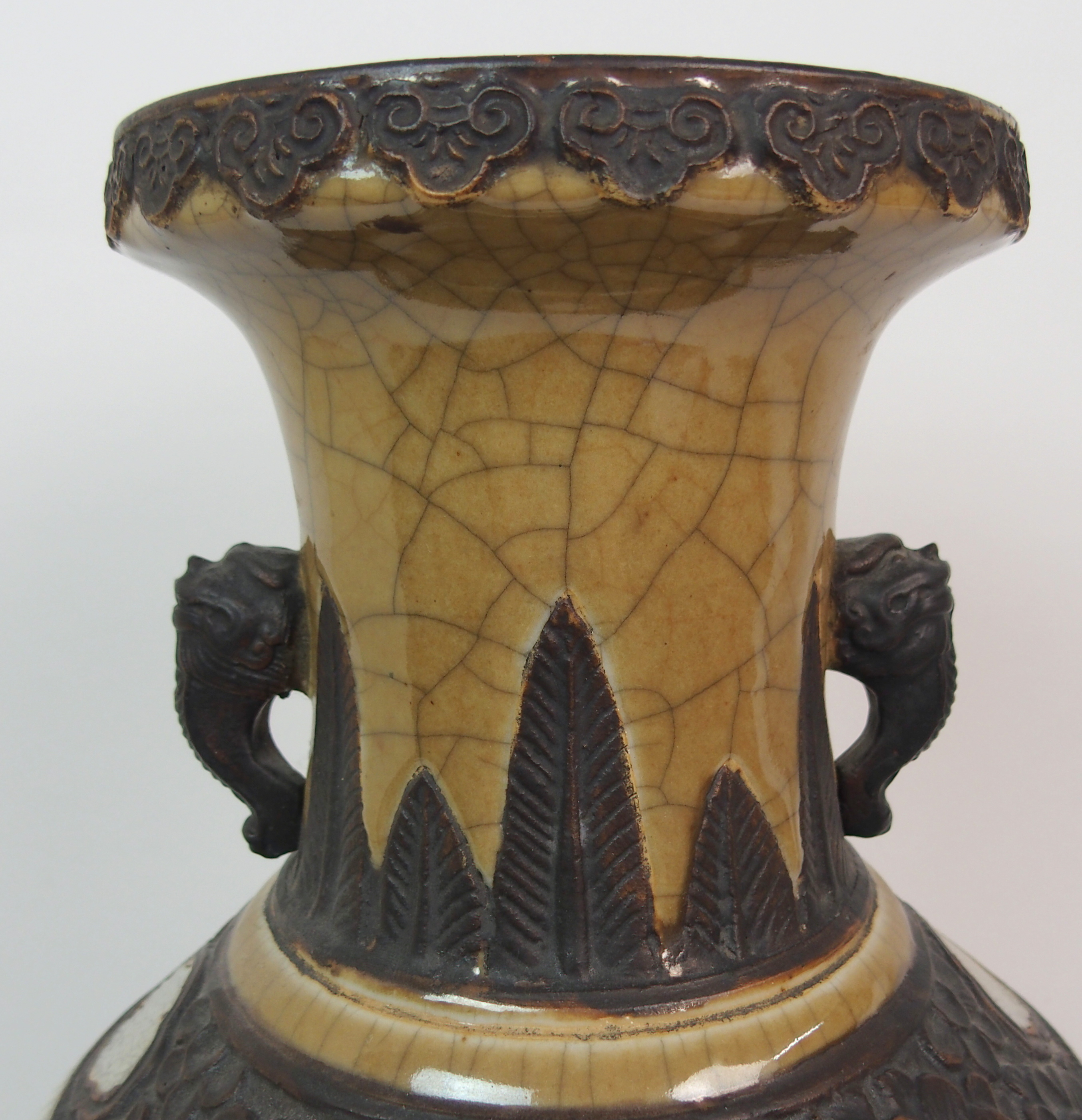 A CHINESE CRACKLEWARE THREE COLOUR VASE with grotesque handles and bands of foliage within stiff - Image 4 of 10