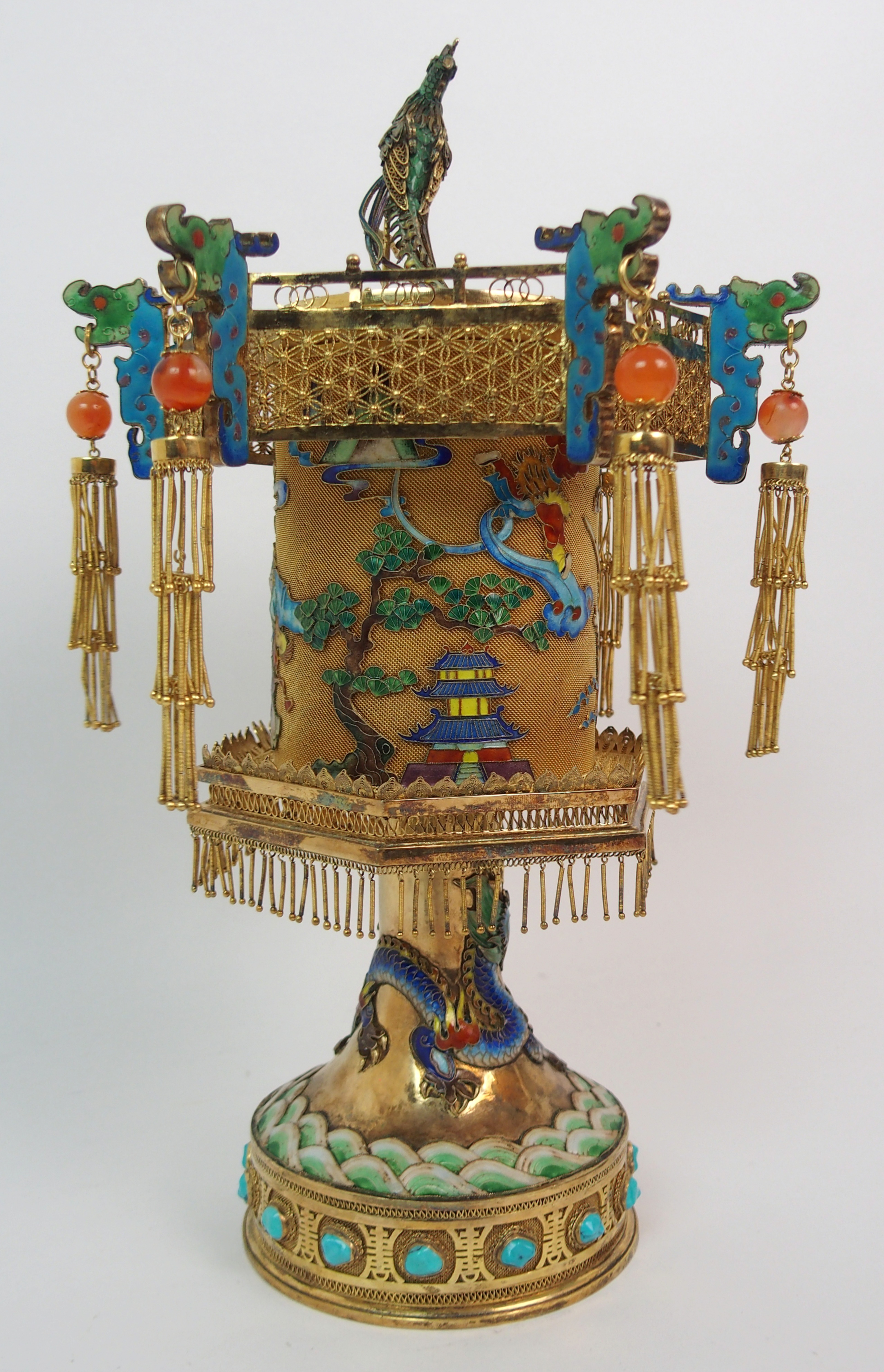 A CHINESE GILT METAL, ENAMEL AND HARDSTONE HEXAGONAL PAGODA CENSER decorated with a peacock finial - Image 6 of 10