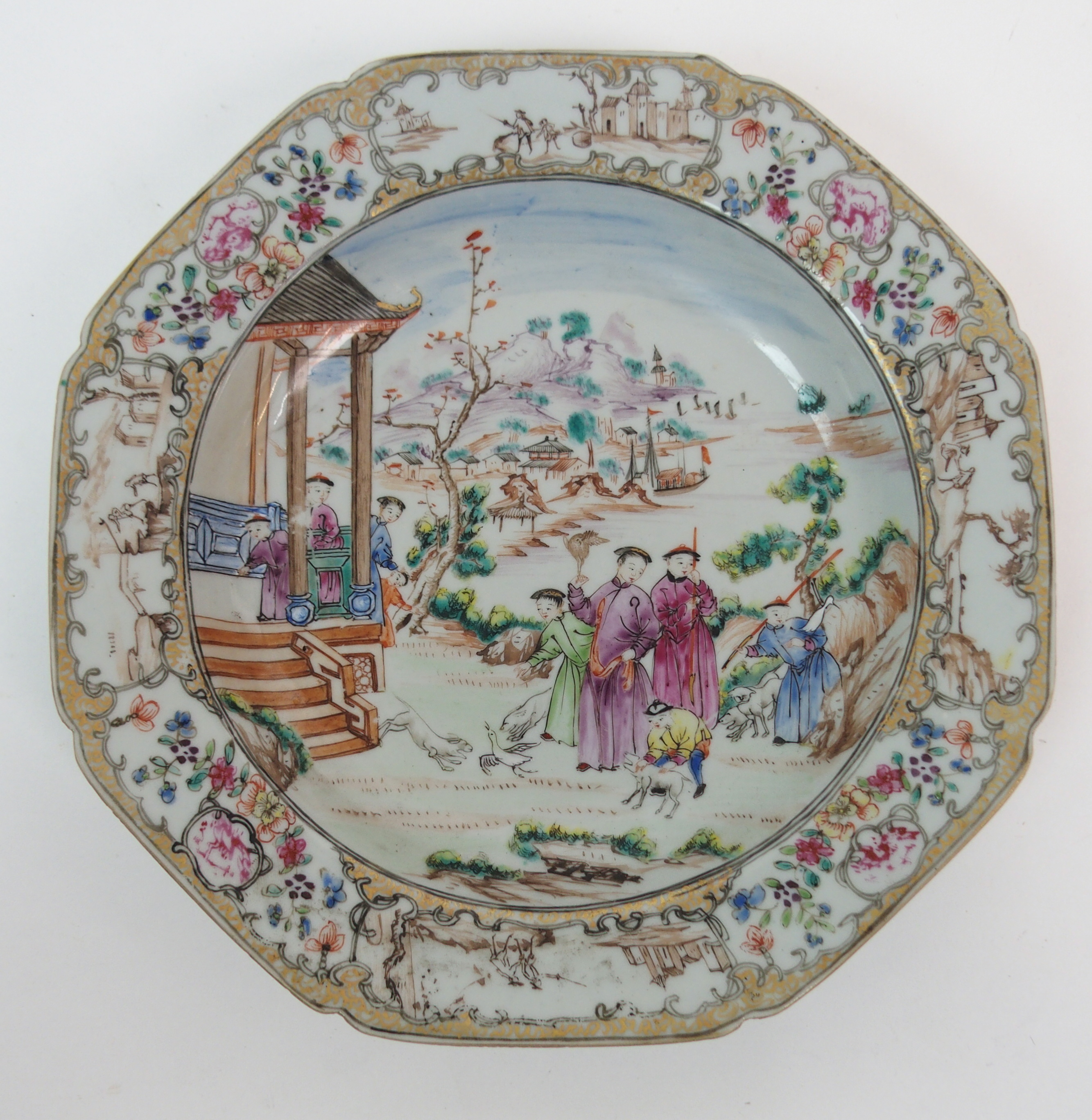 A CHINESE EXPORT SOUP PLATE painted with figures beside a pavilion within a border of landscape - Image 4 of 10