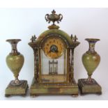 A LATE 19TH CENTURY FRENCH GILT BRASS, CHAMPLEVE ENAMEL AND GREEN ONYX MANTEL CLOCK the dial with