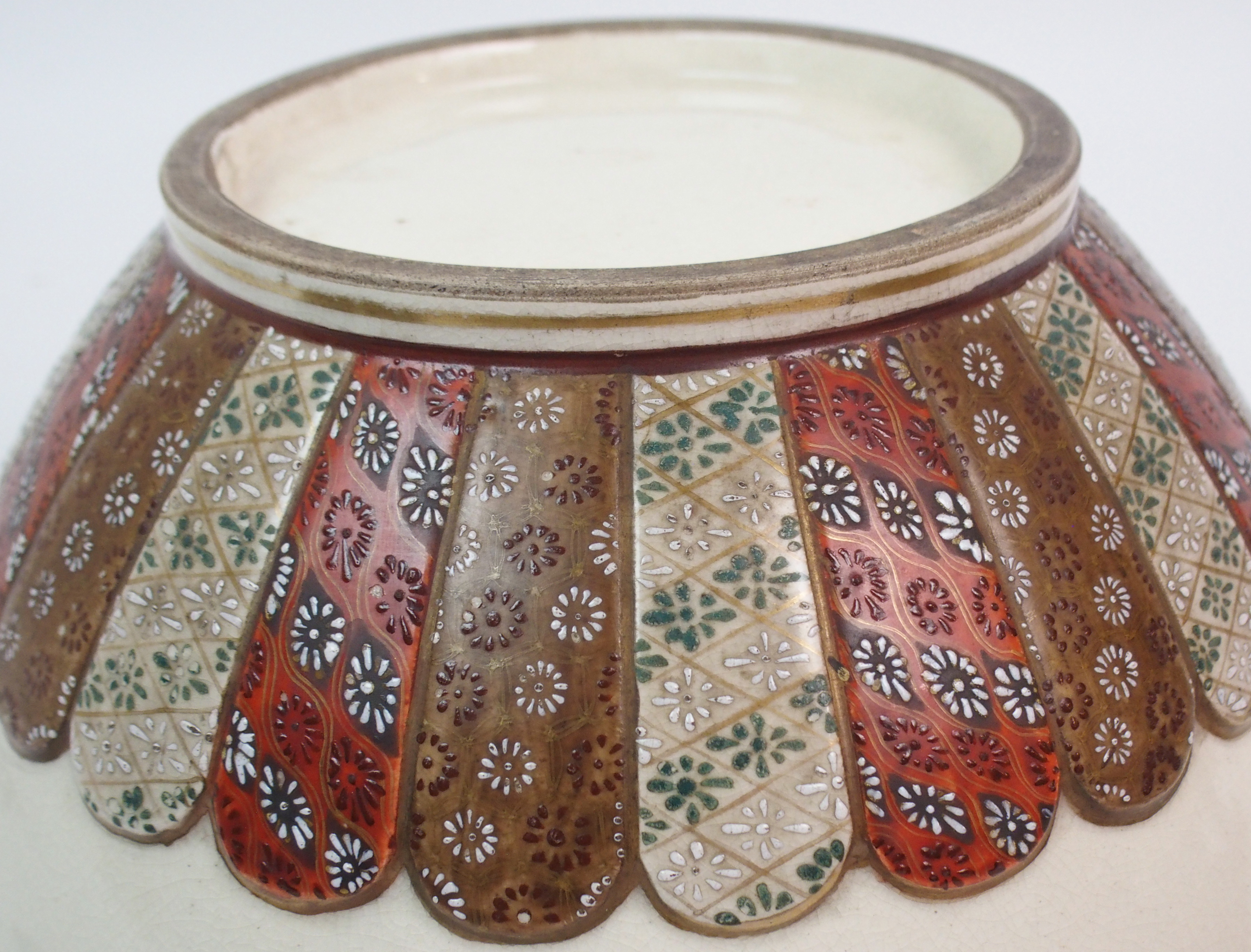 A SATSUMA BOWL painted with figures in a garden within gilt brocade border and pierced foliate - Image 9 of 10