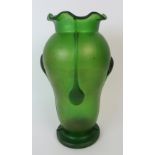 A LOETZ STYLE GREEN GLASS VASE with wavy rim above a tapering body, with applied globular drips