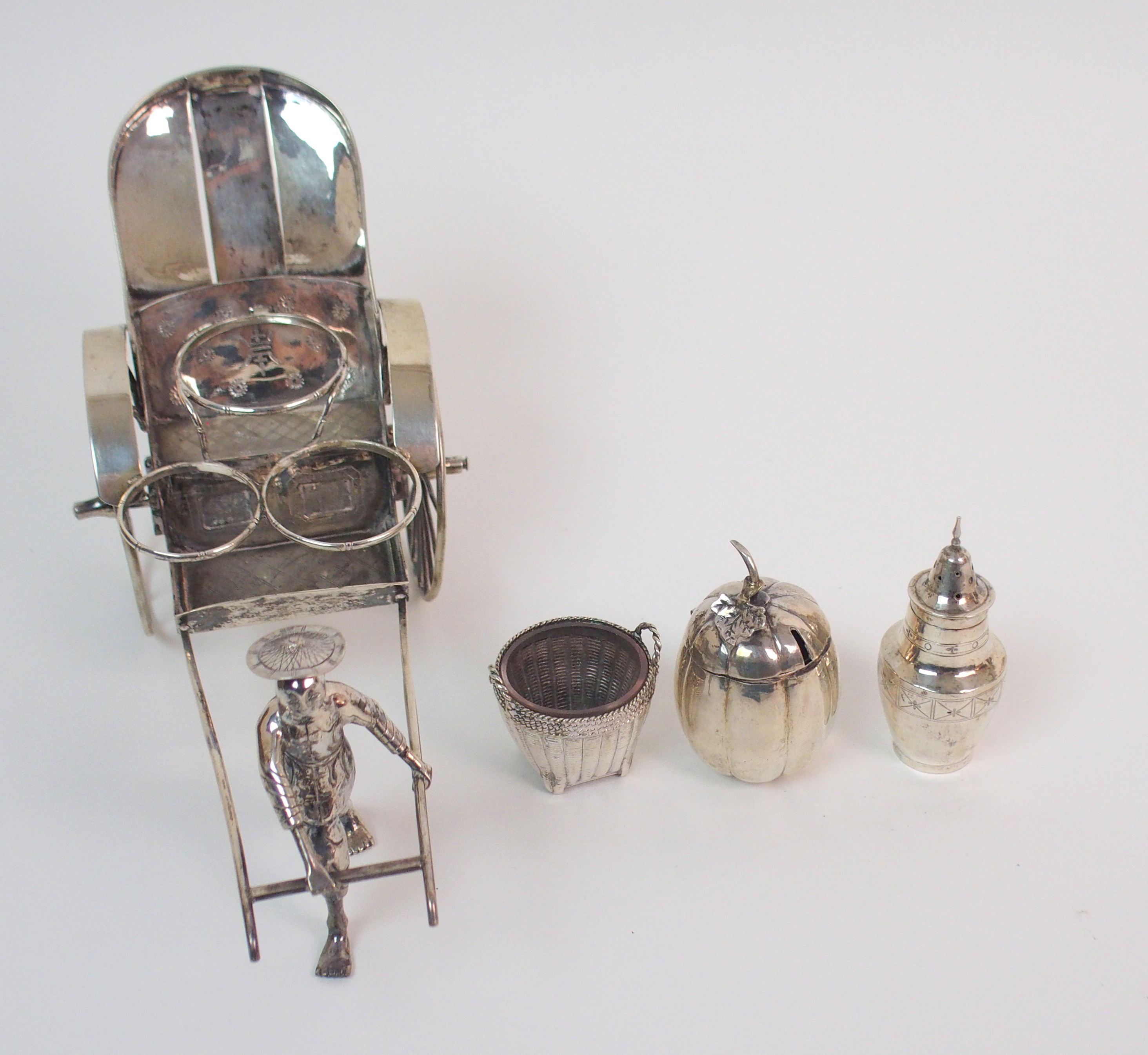 A CHINESE SILVER RICKSHAW CRUET of traditional type with salt, pepper and mustard pot, the carriage, - Image 8 of 10
