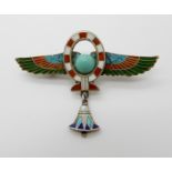 A CONTINENTAL SILVER EGYPTIAN REVIVAL BROOCH enamelled in colours, with scarab wings, and lotus