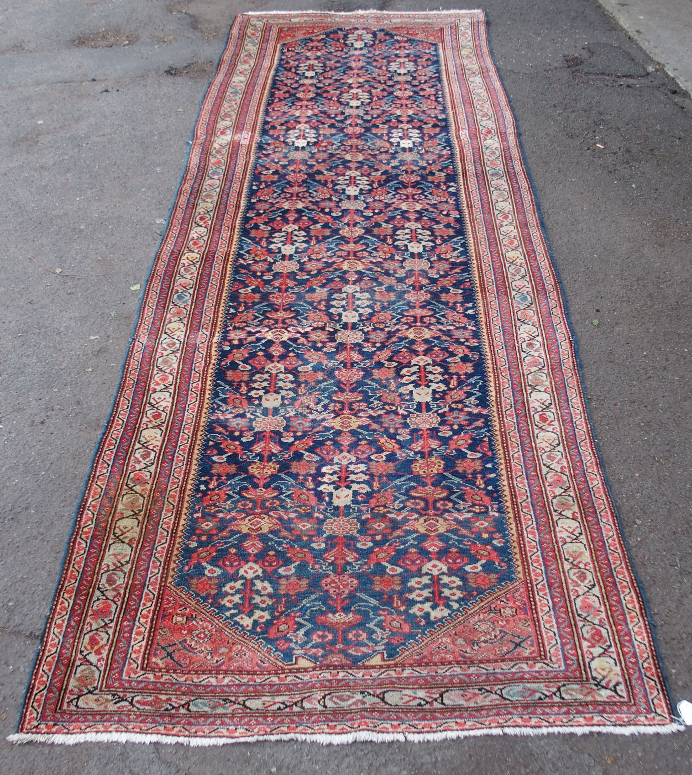 A HAMADAN BLUE GROUND RUNNER with allover design and multiple borders, 393cm x 134cm Condition - Image 4 of 5