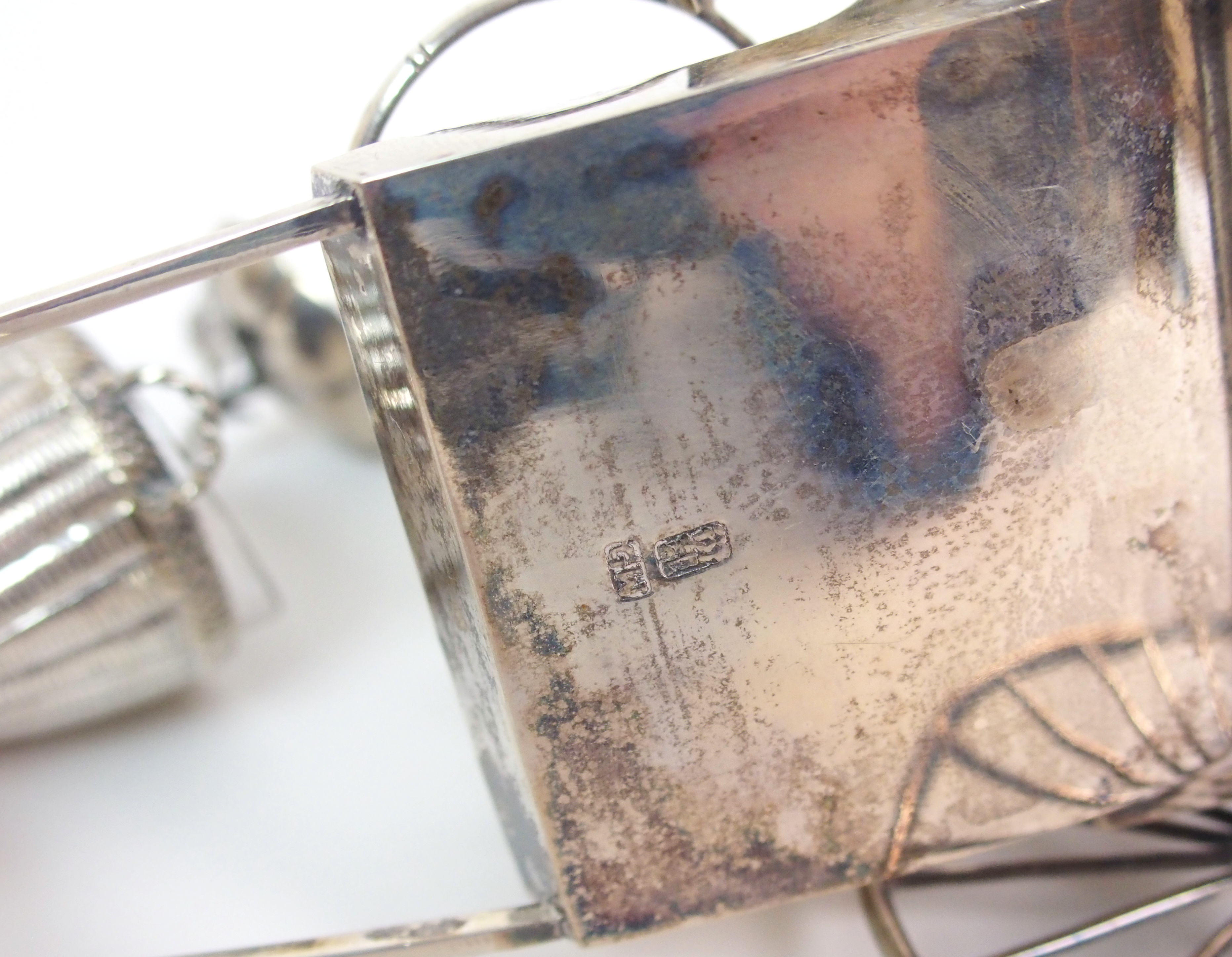 A CHINESE SILVER RICKSHAW CRUET of traditional type with salt, pepper and mustard pot, the carriage, - Image 7 of 10